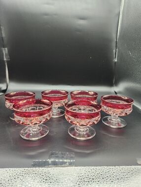 Vintage Tiffin-Franciscan King's Crown Red Flash Rim Glass Ice Cream Cups, Set 6
